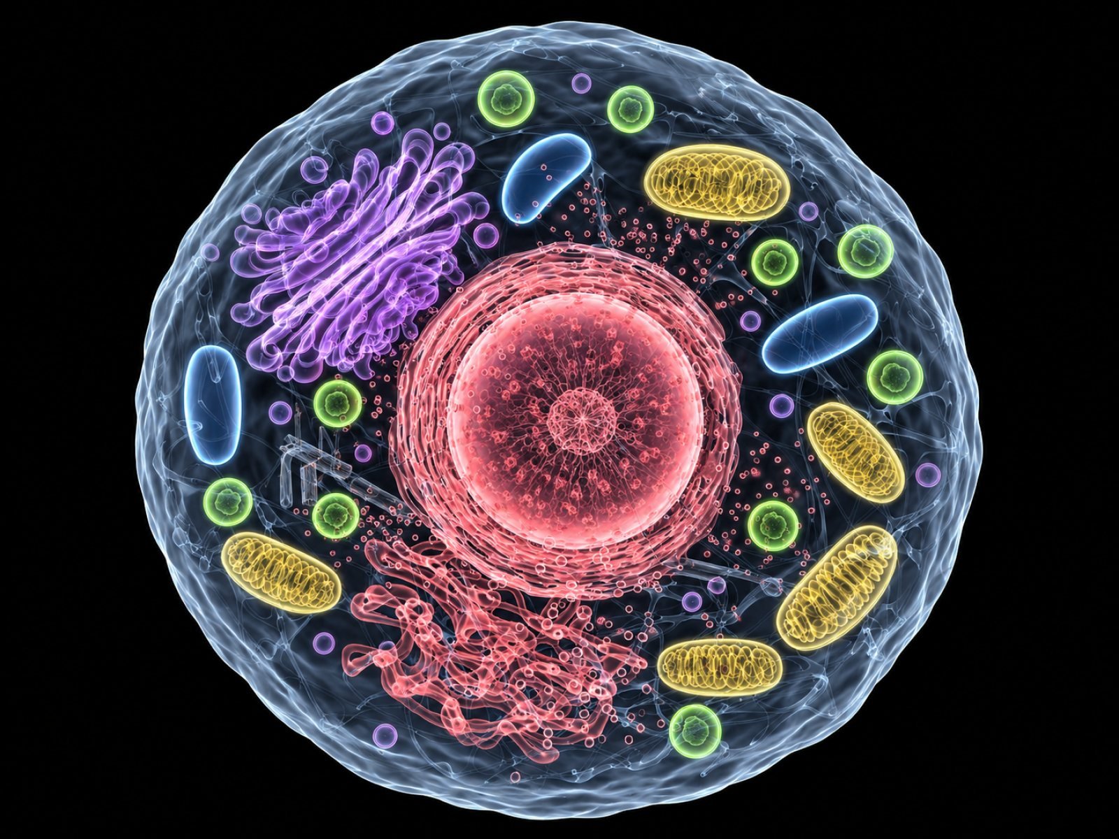 Illustration of a cell showing the nucleus, mitochondria and other organelles